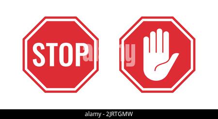 I due segni di arresto rossi con una parola di arresto e un simbolo della mano. I segni sono isolati su uno sfondo bianco. Illustrazione del vettore piatto. Illustrazione Vettoriale