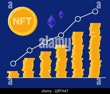 Grafico della crescita del valore del risparmio, NFT. Gettone non fungibile. Ethereum. Illustrazione vettoriale, striscione, piatto Illustrazione Vettoriale