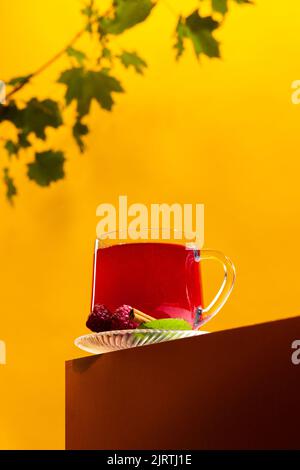 Tazza di delizioso tè alle bacche con lampone, menta e cannella stick isolato su sfondo arancione. Vitamine estive Foto Stock