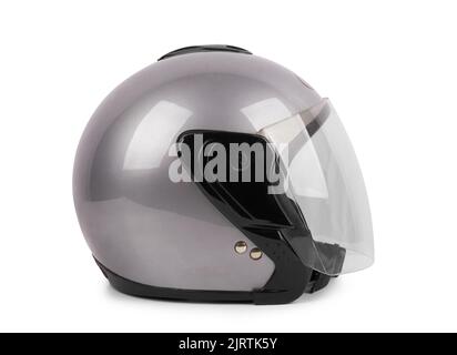 Casco grigio per moto isolato su sfondo bianco Foto Stock