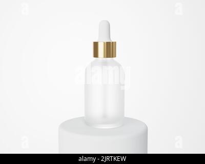 Flacone contagocce di siero cosmetico in vetro bianco sul podio 3D render, confezione del prodotto per la cura Foto Stock