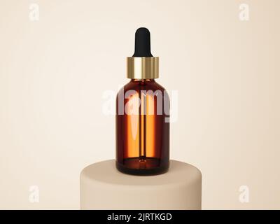 Flacone di vetro marrone per contagocce di siero cosmetico 3D rendering, confezione del prodotto per la cura Foto Stock