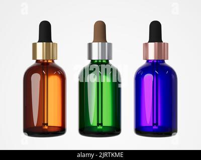 Tre diversi flaconi per contagocce di siero cosmetico 3D rendono, confezione di prodotti per la cura Foto Stock