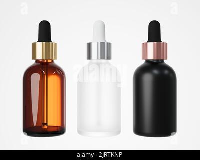 Tre diversi flaconi per contagocce di siero cosmetico 3D rendono, confezione di prodotti per la cura Foto Stock