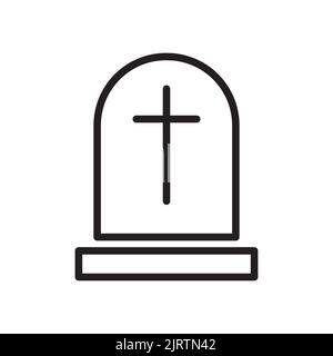 Cimitero con croce. Icona lineare di pietra tombale. Illustrazione vettoriale. Illustrazione Vettoriale