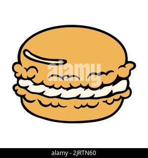 Hamburger disegnato a mano carino. Immagine a colori di cheeseburger in design piatto. Badge Burger cartone animato. Illustrazione vettoriale. Illustrazione Vettoriale