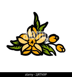 Fiore disegnato a mano carino con foglie. Immagine a colori di fiori in design piatto. Icona per la primavera. Illustrazione vettoriale. Illustrazione Vettoriale