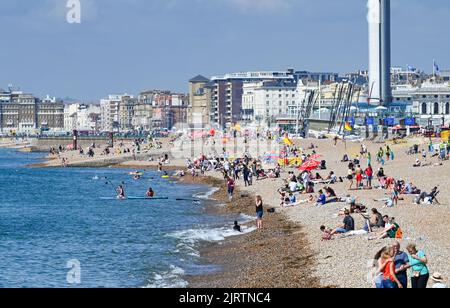 Brighton UK 26th agosto 2022 - i visitatori godono di una bella giornata di sole sulla spiaggia di Brighton come più bel tempo è previsto per il prossimo fine settimana di vacanza in banca nel Regno Unito . : Credit Simon Dack / Alamy Live News Foto Stock