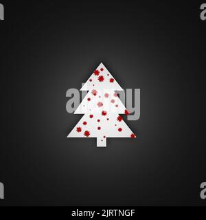 Albero di Natale di colore bianco posto su bacground gradiente nero. L'albero è ricoperto di molecola di virus di colore rosso. Concetto di natale durante p Foto Stock