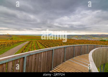 Torre di Lokout sulla collina di Kobyli Vrch, regione della Moravia meridionale - Repubblica Ceca. Costruzione a spirale in legno vicino a vigneti e chiesa. Palava colline, famoso wi Foto Stock