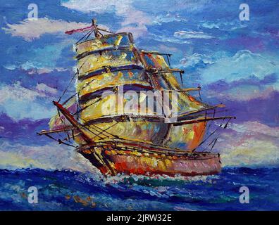 pittura a olio d'arte barca a vela , barque in mare dalla thailandia Foto Stock