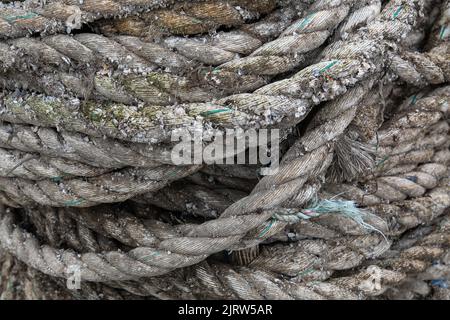 Old Grey pile di corde, corda avvolta Foto Stock