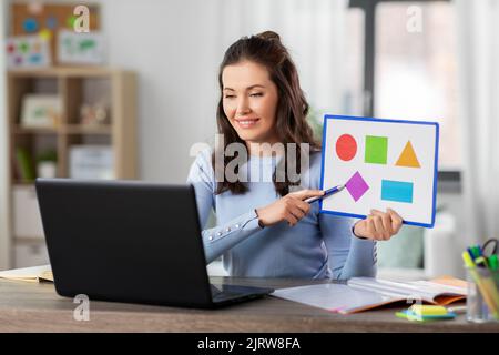 insegnante che mostra le forme in classe online a casa Foto Stock