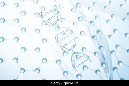 DNA con sfondo a struttura molecolare, resa 3D. Disegno digitale al computer. Foto Stock