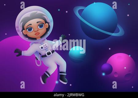 Astronauta donna nello spazio. Illustrazione digitale. Foto Stock