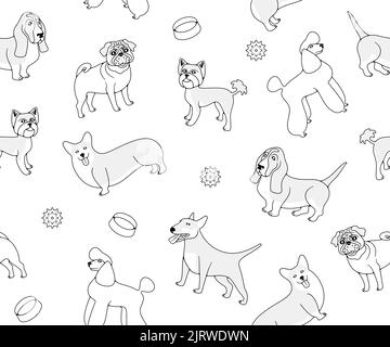Razze di cani, barbatelle, pug e yorkshire terrier, senza cuciture vettore sfondo in contorno. Animali, animali domestici, basset hound, corgi gallesi e toro in miniatura terri Illustrazione Vettoriale