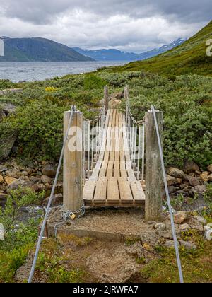 Piccolo ponte sospeso su un piccolo ruscello su un sentiero lungo la riva del lago Bygdin nel Parco Nazionale di Jotunheimen Norvegia Foto Stock