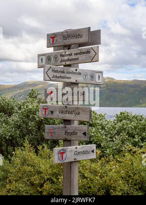 Affollato cartello a Torfinnsbu sulle rive del lago Bygdin nel Parco Nazionale di Jotunheimen Norvegia percorrendo i sentieri che si incontrano a questo punto Foto Stock