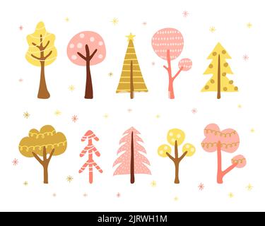 Set di colorati alberi di folgore con decor in stile scandinavo isolato su sfondo bianco. Perfetto per il design natalizio. Illustrazione Vettoriale