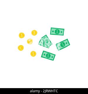 Monete e banconote colorate in dollari di doodle, isolate su sfondo bianco. Illustrazione Vettoriale