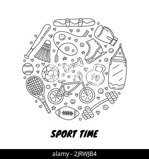Doodle delineare gli articoli sportivi, attrezzature composte a forma di cerchio. Illustrazione Vettoriale