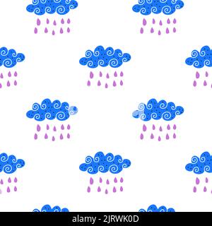 Motivo bianco senza cuciture con nuvole piovose blu doodle con vortici. Illustrazione Vettoriale