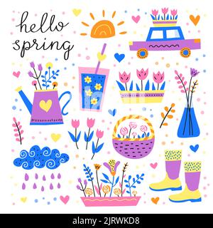 Set di semplici doodle colorate icone primavera isolato su sfondo bianco. Perfetto per il design dei bambini. Illustrazione Vettoriale
