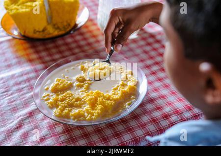 Bambino brasiliano che consuma il couscous del mais con latte. Piatti popolari della regione nord-orientale del Brasile, ampiamente consumati per la colazione. Foto Stock