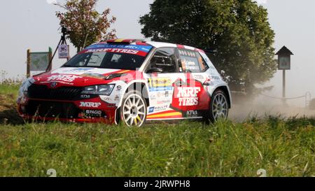 Efrem Liarena, Sara Fernandez di Spagna con la vettura Skoda Fabia Rally2 Evo in azione durante il Czech Barum Rally, evento di campionato europeo di rally a Zl Foto Stock