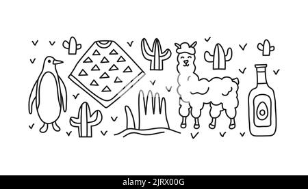 Il gruppo di doodle delineano le icone del Cile, tra cui pinguino, poncho, alpaca, mano gigante nel deserto di atacama, olio di avocado, cactus isolati su sfondo bianco Illustrazione Vettoriale