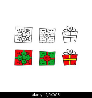 Set di cute contorno e colorato presente o scatole regalo con archi isolati su sfondo bianco. Illustrazione Vettoriale
