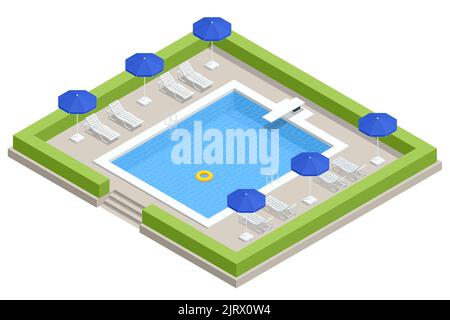 Piscina isometrica con scale e lettini. Vacanza estiva concetto. Illustrazione Vettoriale