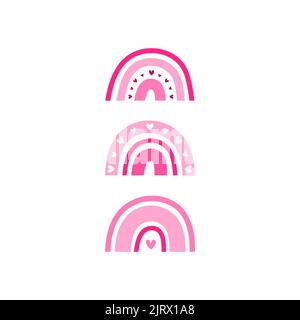 Arcobaleni boho rosa pastello con cuori e punti isolati su sfondo bianco. Baby poster bohémien. Arte della scuola materna per le ragazze. Illustrazione Vettoriale
