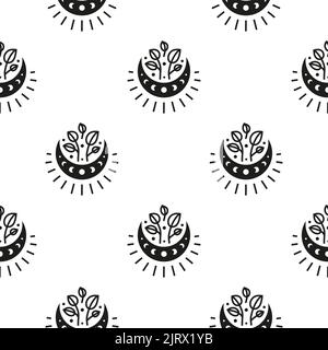 Motivo boho bianco e nero senza cuciture con luna crescente, fasi lunari, ramoscelli frondosi e stelle. Sfondo moderno bohémien. Carta da imballaggio celeste Illustrazione Vettoriale