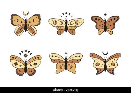 Set di farfalle celesti colorate disegnate a mano con stelle, mezzaluna e fasi lunari isolate su sfondo bianco. Talismani Witchy magia. Illu mistico Illustrazione Vettoriale