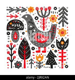 Poster di Doodle con uccelli, alberi di foresta, fiori, funghi, puntini e ornamenti nordici in stile folcloristico scandinavo isolato su sfondo bianco. Perfe Illustrazione Vettoriale
