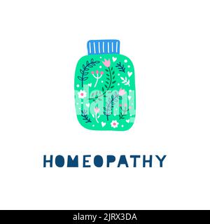 Bottiglia medica scandinava colorata doodle con ornamento floreale, fiori, foglie, erbe isolate su sfondo bianco. Perfetto per poster, schede, divieto Illustrazione Vettoriale