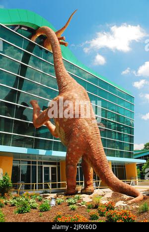 In una giornata di sole, un dinosauro sbirna all'interno del Museo dei Bambini di Indianapolis dall'esterno Foto Stock