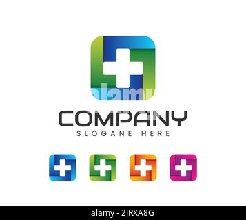 Pharmacy Logo eco verde croce design. Astratto colorato croce rotonda logo medico Illustrazione Vettoriale
