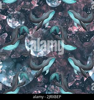 Balene blu sullo sfondo della luna, e lo spazio esterno. Illustrazione acquerello. Modello senza cuciture da un ampio set di BALENE. Per tessuti, tessuti Foto Stock