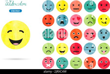 Set di emoticon acquerello. Collezione vettoriale di simboli emotivi Illustrazione Vettoriale