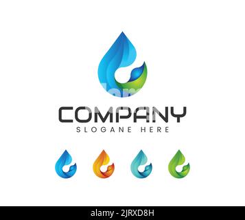logo water drop 3d. Modello di design del logo vettoriale. Goccia di acqua blu astratta Illustrazione Vettoriale