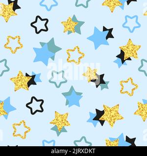 Stelle scintillanti motivo senza cuciture. Sfondo vettoriale con stelle dorate, nere e blu Illustrazione Vettoriale