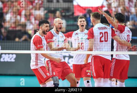 Katowice, Polonia. 26th ago, 2022. Emocje reakcja Marcin Janusz Bartosz Kurek Kamil Semeniuk durante il Campionato Mondiale FIVB maschile 2022 partita tra Bulgaria e Polonia il 26 agosto 2022 a Katowice, Polonia. (Foto di PressFocus/Sipa USA)France OUT, Poland OUT Credit: Sipa USA/Alamy Live News Foto Stock