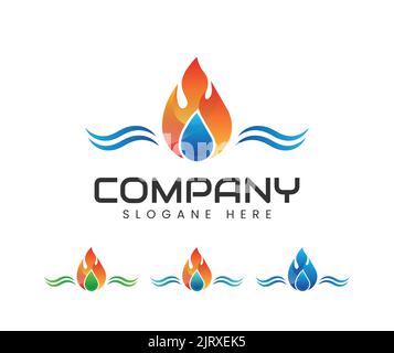 Disegno del logo dell'onda dell'acqua dell'impianto idraulico. Vettore del logo dell'acqua e del fuoco Illustrazione Vettoriale