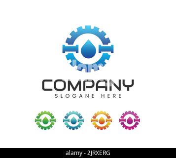Design del logo idraulico. Manutenzione idraulica, ingranaggi, chiave regolabile e chiave per tubi, design con logo Illustrazione Vettoriale