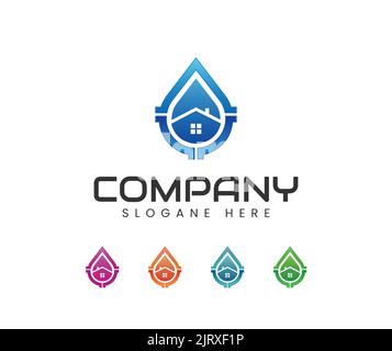 Water drop idraulico e logo design casa. Waterline plumbing logo modello vettore Illustrazione Vettoriale