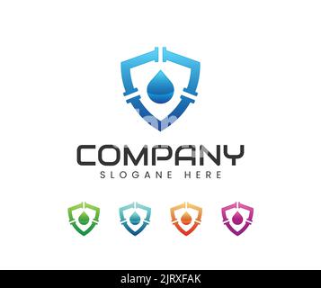 Logo Water Drop and Shield Pipe Symbol per i servizi idraulici Illustrazione Vettoriale