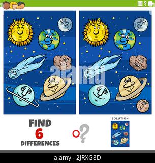 Cartoon illustrazione di trovare le differenze tra le immagini gioco educativo con pianeti e orbs personaggi Illustrazione Vettoriale