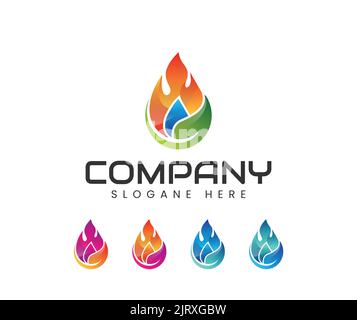 modello con logo fire e leaf. Logo in foglia di acqua pura e sana Illustrazione Vettoriale